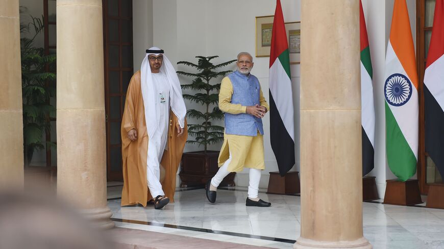  The Crown Prince of Abu Dhabi General Sheikh Mohammed Bin Zayed Al Nahyan (L) walks with Indian Prime Minister Narendra Modi ahead of a meeting in New Delhi on January 25, 2017. The Crown Prince of Abu Dhabi General Sheikh Mohammed Bin Zayed Al Nahyan is on an official visit to India and will be the guest of honour at the country's forthcoming Republic Day celebrations. / AFP / Money SHARMA (Photo credit should read MONEY SHARMA/AFP via Getty Images)