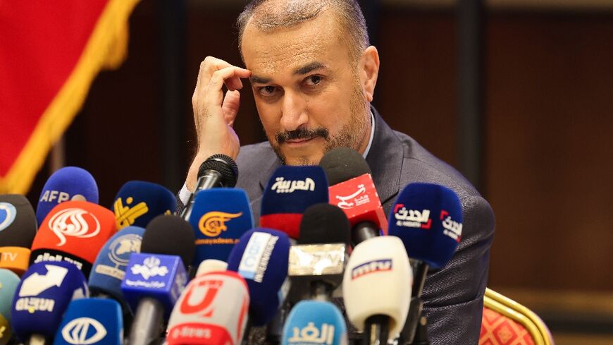 Iran's Foreign Minister Hossein Amir-Abdollahian speaks to reporters at his country's embassy in Beirut