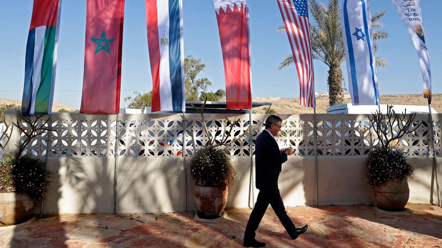 Flags are set up during Israel's Negev Summit attended by the US Secretary of State, alongside Foreign Ministers of Israel, Egypt, Bahrain, the UAE, and Morocco, at Sde Boker in the southern Negev desert on March 28, 2022. (Photo by JACK GUEZ / AFP) (Photo by JACK GUEZ/AFP via Getty Images)