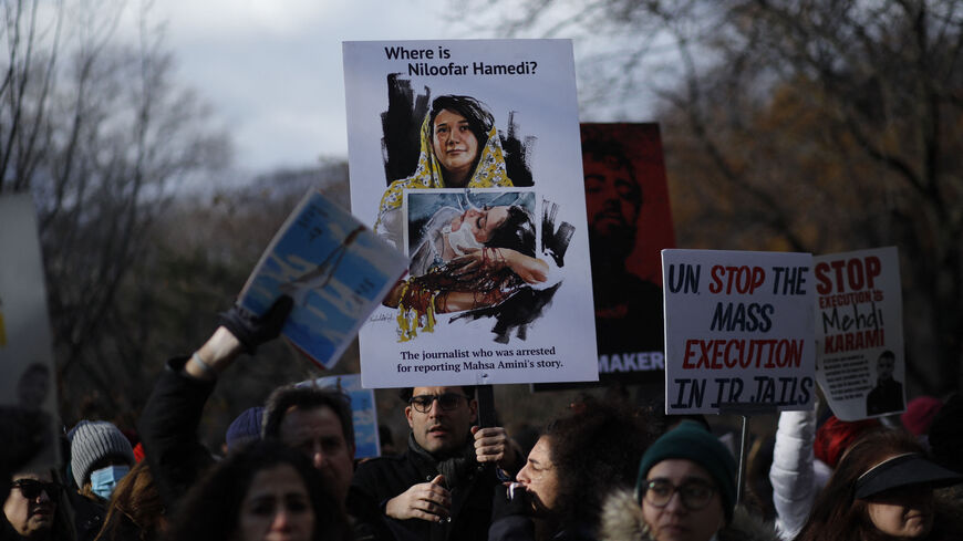 People protest against executions and detentions in Iran, in front of the Iranian Permanent Mission to the UN in New York City on December 17, 2022. (Photo by Kena Betancur / AFP) (Photo by KENA BETANCUR/AFP via Getty Images)