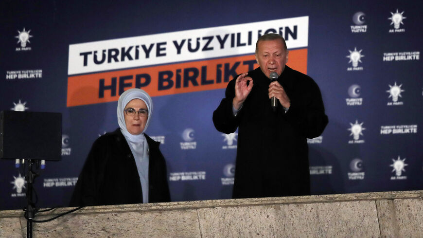 Turkish President Recep Tayyip Erdogan speaks to supporters at Justice and Development Party headquarters, Ankara, Turkey, May 15, 2023.