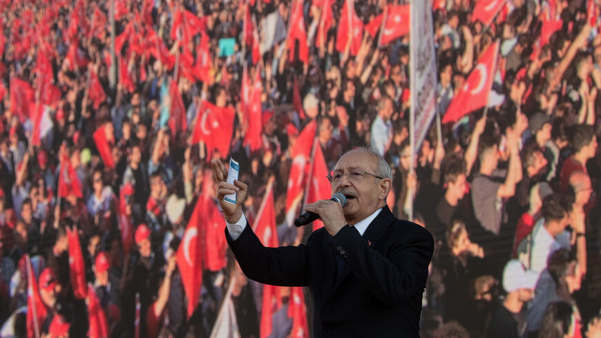 Leader of the Republican People's Party (CHP), Kemal Kilicdaroglu, and the presidential candidate of the Main Opposition alliance, speaks to supporters at a rally while campaigning for the presidential election on April 30, 2023 in Izmir, Turkey. CHP leader Kemal Kilicdaroglu is holding campaign rallies across Turkey ahead of the countries May 14, 2023 presidential and parliamentary elections. The Kilicdaroglu-led Nation Alliance is representing six opposition parties in next month's election against Presi