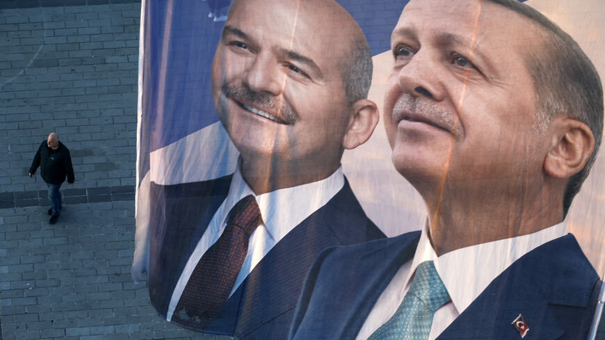 Flags fly over Taksim Square showing Turkey's President Recep Tayyip Erdogan and CHP presidential candidate, Kemal Kilicdaroglu on May 13, 2023 in Istanbul, Turkey. On May 14th, President Recep Tayyip Erdogan will face his biggest electoral test as the country goes to the polls in the country's general election. Erdogan has been in power for more than two decades -- first as prime minister, then as president -- but his popularity has recently taken a hit due to Turkey's ongoing economic crisis and his gover