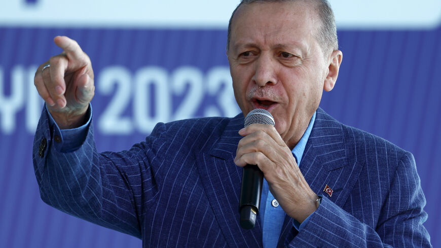 Turkey's President Recep Tayyip Erdogan speaks at his final election campaign rally of the second round of the election campaign on May 27, 2023 in Istanbul, Turkey. President Erdogan was forced into a runoff election when neither he nor his main challenger, Kemal Kilicdaroglu of the Republican People's Party (CHP), received more than 50 percent of the vote on the May 14 election. The runoff vote will be held this Sunday, May 28. (Photo by Jeff J Mitchell/Getty Images)