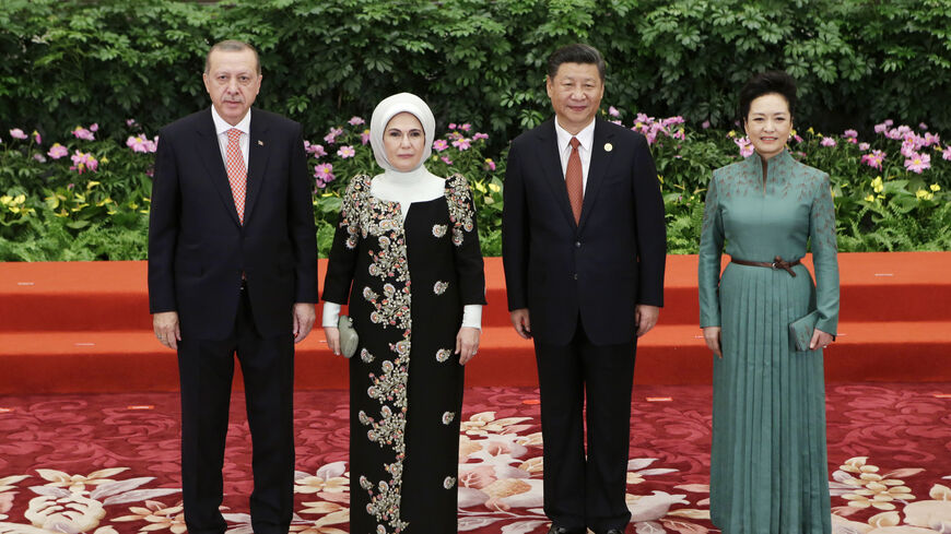 BEIJING, CHINA - MAY 13: Chinese President Xi Jinping and wife Peng Liyuan welcome Turkish President Recep Tayyip Erdogan and his wife Emine at the welcoming banquet for the Belt and Road Forum on May 13, 2017 in Beijing, China. (Photo by Jason Lee - Pool/Getty Images)