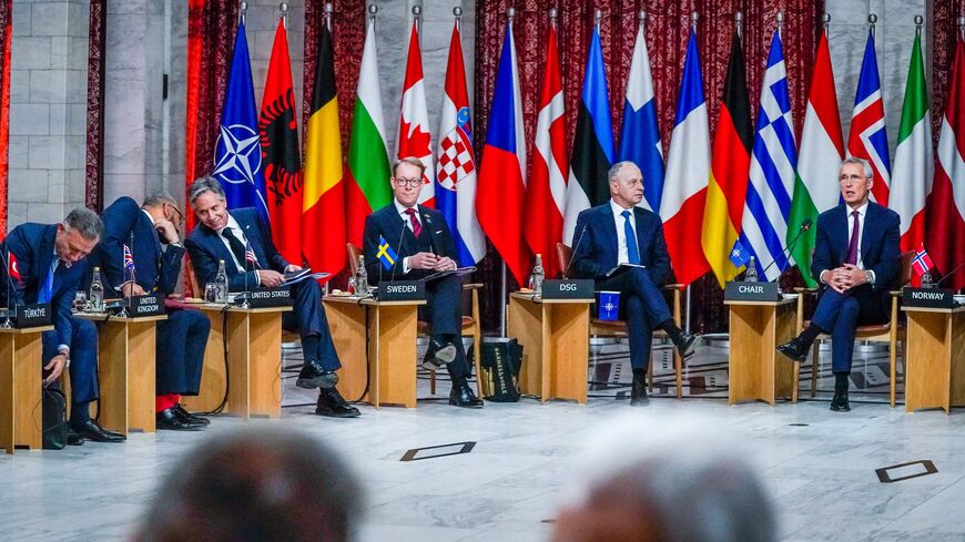 (L-R) Turkey's NATO Ambassador Zeki Levent Gumrukcu, Britain's Secretary of State for Foreign, Commonwealth and Development Affairs James Cleverly, US Secretary of State Antony Blinken, Sweden's Foreign Minister Tobias Billstrom, NATO Deputy Secretary General Mircea Geoana and NATO Secretary General Jens Stoltenberg attend an Informal Meeting of the North Atlantic Council in Foreign Ministers in Oslo, Norway on June 1, 2023. 