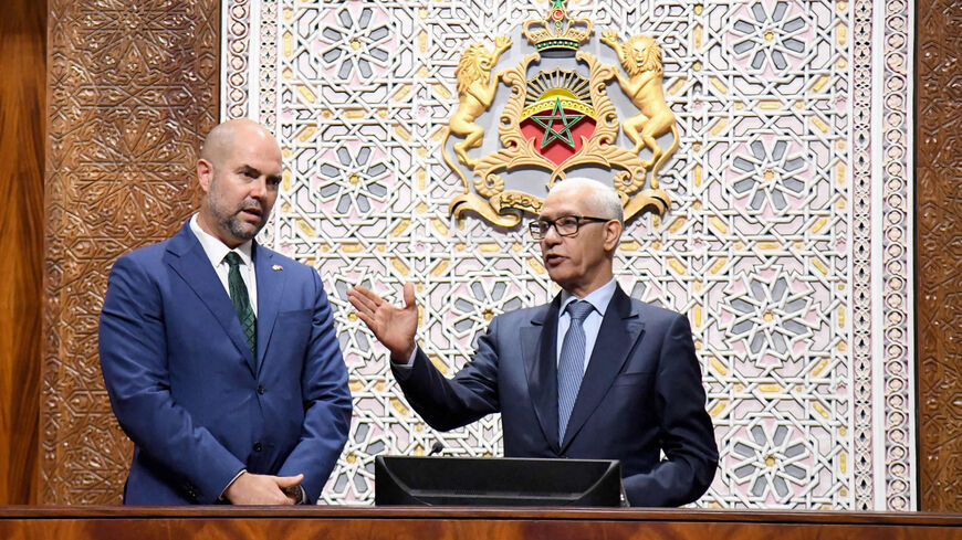 Parliament Speaker Rachid Talbi Alami (R) shows Israel's Knesset Speaker Amir Ohana the parliament building in Rabat, Morocco, June 8, 2023.