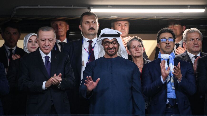 Turkey's President Recep Tayyip Erdogan (L), UAE President Sheikh Mohamed bin Zayed al-Nahyan (C) and Manchester City's Emirati owner Sheikh Mansour bin Zayed al-Nahyan (R) attend the UEFA Champions League final football match between Inter Milan and Manchester City at the Ataturk Olympic Stadium in Istanbul, on June 10, 2023. (Photo by FRANCK FIFE / AFP) (Photo by FRANCK FIFE/AFP via Getty Images)