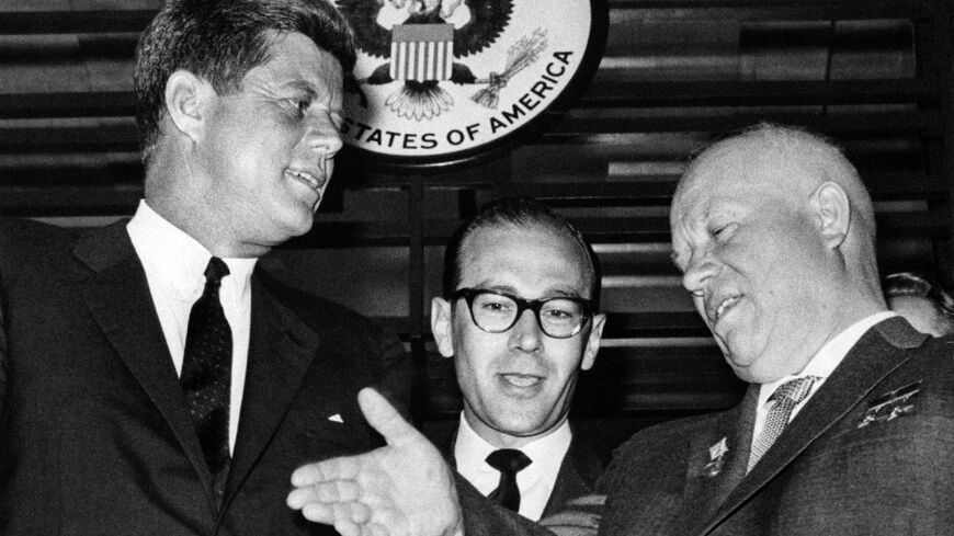 Soviet leader Nikita Khrushchev meets US president John F. Kennedy in front of the American embassy in Vienna, Austria on June 3, 1961