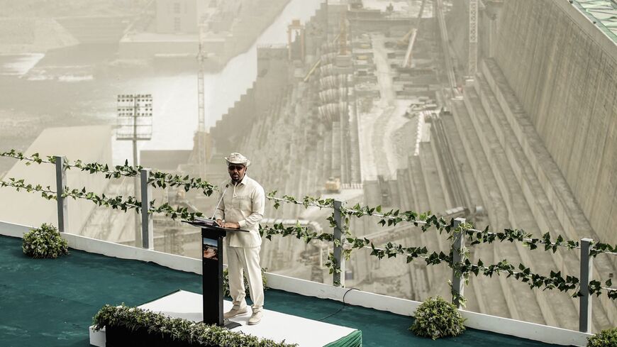 Ethiopia's Prime Minister Abiy Ahmed speaks during the first power generation ceremony at the site of the Grand Ethiopian Renaissance Dam.