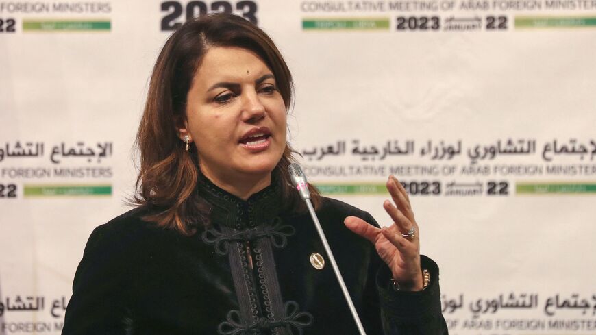 Libyan Foreign Minister Najla al-Mangoush holds a press conference at the end of an Arab foreign ministers meeting in Tripoli, January 22, 2023.