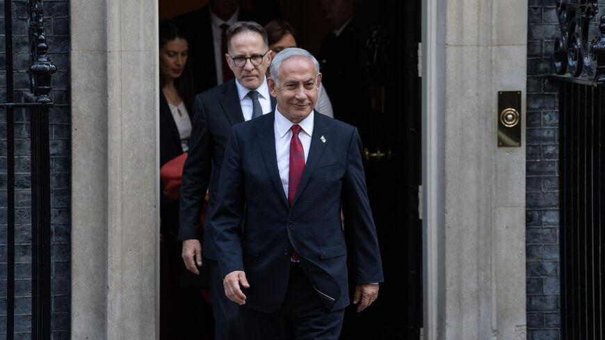 Israel's prime minister Benjamin Netanyahu leaves 10, Downing Street after meeting Britain's Prime Minister, Rishi Sunak, on March 24, 2023 in London, England.