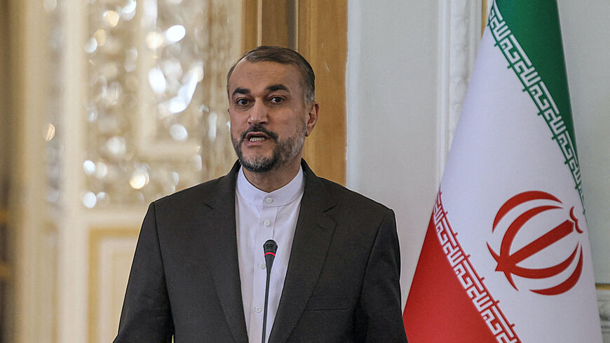 Iran's Foreign Minister Hossein Amir-Abdollahian gives a joint press conference with his Syrian counterpart in Tehran on July 31, 2023.