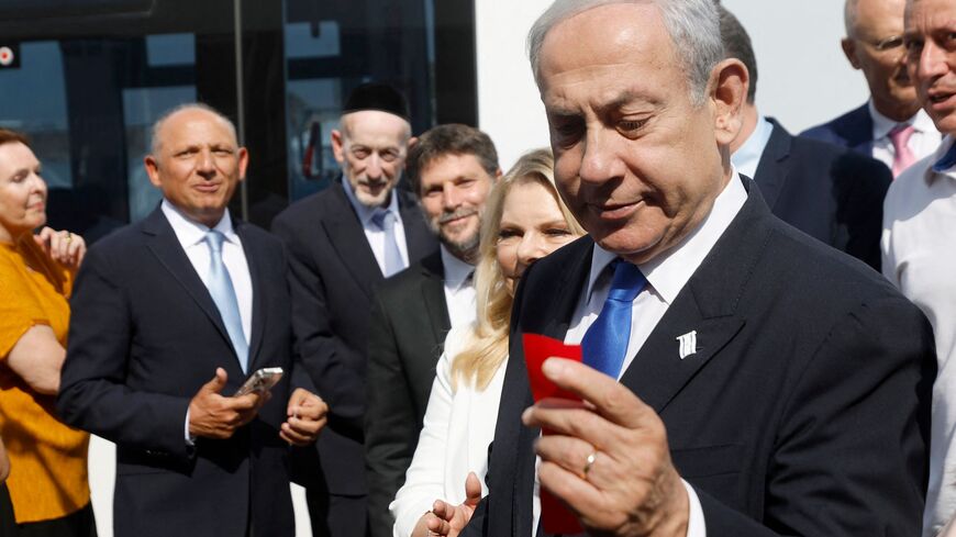 Israel's Prime Minister Benjamin Netanyahu attends the inauguration of the new light rail line for the Tel Aviv metropolitan area, in Petah Tikva, on August 17, 2023. (Photo by AMIR COHEN / POOL / AFP) (Photo by AMIR COHEN/POOL/AFP via Getty Images)