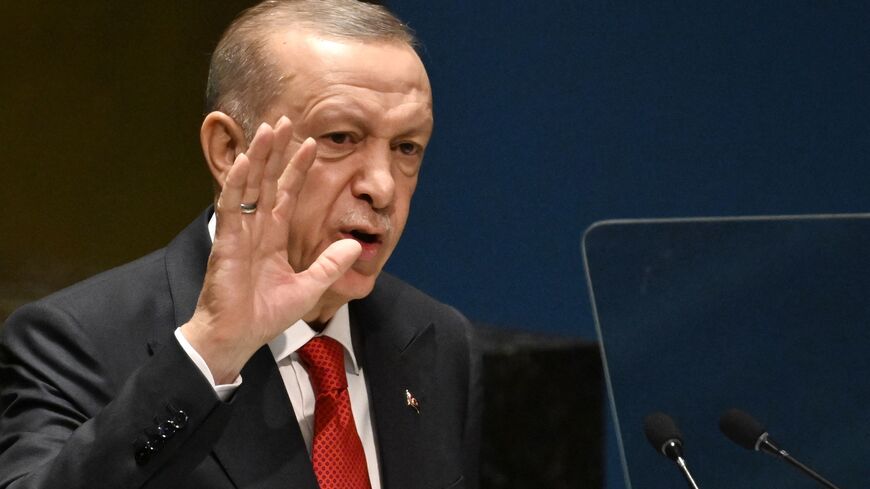 Turkish President Recep Tayyip Erdogan addresses the 78th United Nations General Assembly at UN headquarters in New York City on September 19, 2023. (Photo by Ed JONES / AFP) (Photo by ED JONES/AFP via Getty Images)