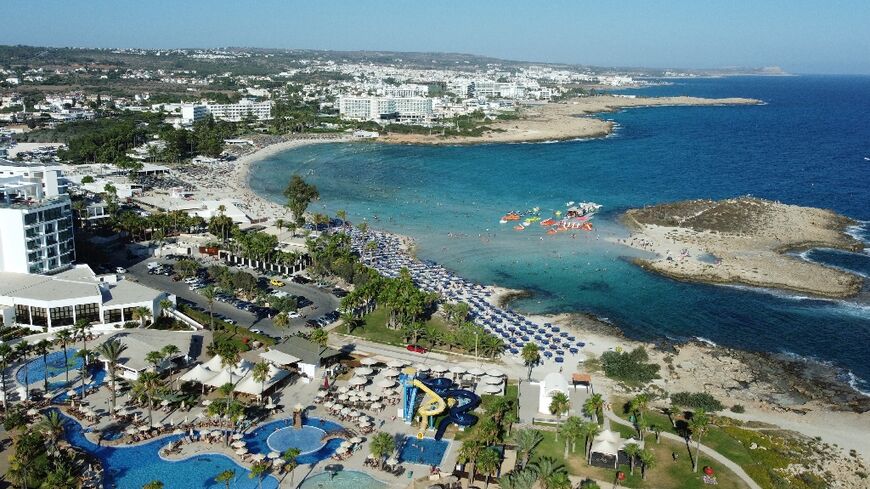 An aerial view of Nissi Beach at the popular Cyprus holiday resort of Ayia Napa