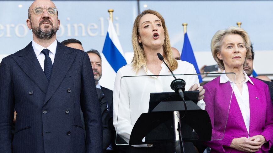 European Council President Charles Michel, European Parliament President Roberta Metsola and European Commission President Ursula Von der Leyen at the tribute to the victims of the Hamas-organized attacks in Israel