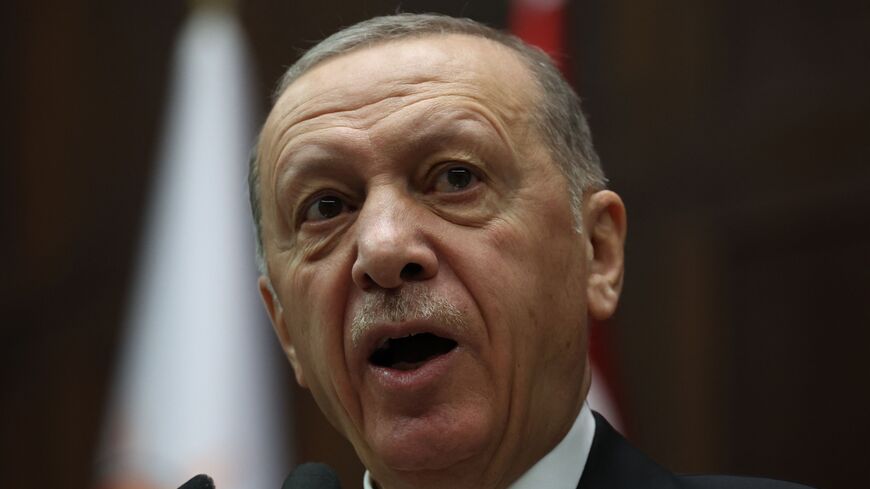 Turkish President and the leader of the Justice and Development (AK) Party Recep Tayyip Erdogan speaks during his party's group meeting at the Turkish Grand National Assembly in Ankara, Turkiye on October 11, 2023. (Photo by Adem ALTAN / AFP) (Photo by ADEM ALTAN/AFP via Getty Images)