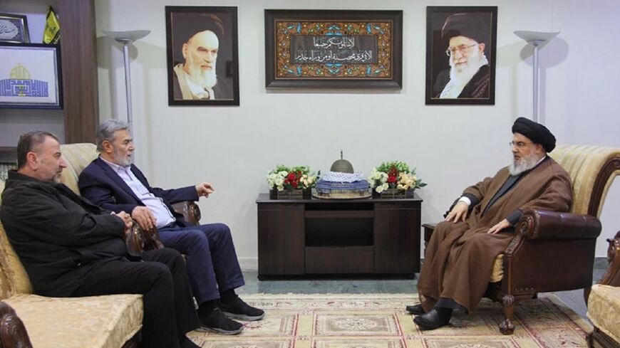 Hezbollah Secretary General Hassan Nasrallah meets deputy head of Hamas’ politburo Saleh al-Arouri, and head of the Islamic Jihad Ziad al-Nakhalah.