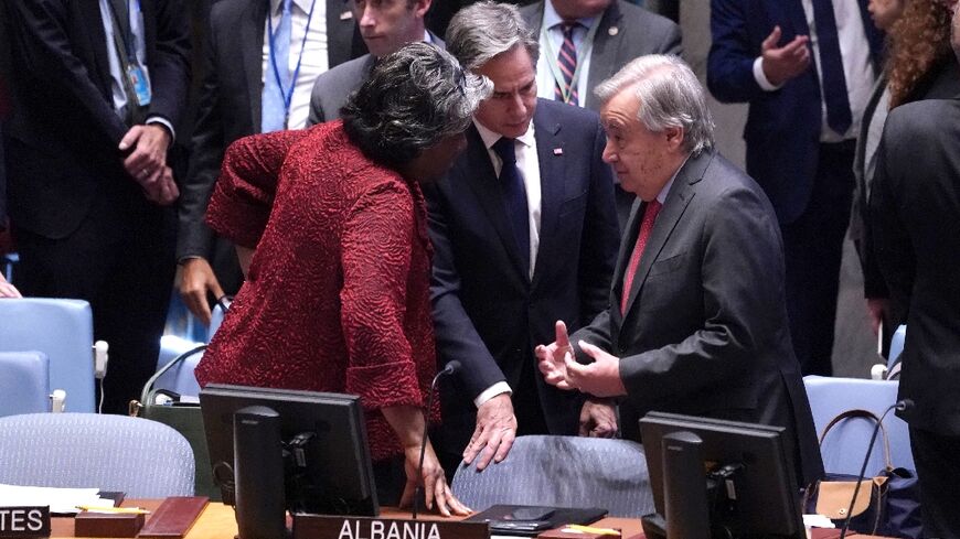 US Secretary of State Antony Blinken speaks with UN Secretary-General Antonio Guterres and US Ambassador to the UN Linda Thomas-Greenfield before the start of a United Nations Security Council meeting on the conflict in Middle East