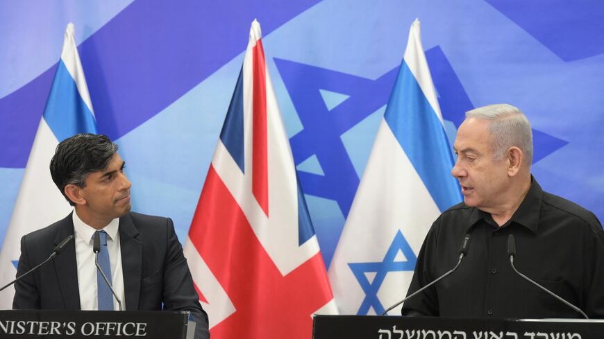 British Prime Minister Rishi Sunak and Israeli Prime Minister Benjamin Netanyahu at a joint press conference, Jerusalem, Oct. 19, 2023.