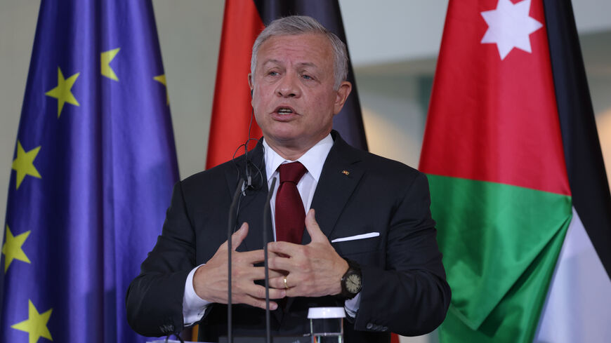 BERLIN, GERMANY - OCTOBER 17: Jordanian King Abdullah II and German Chancellor Olaf Scholz (not pictured) speak to the media following talks at the Chancellery on October 17, 2023 in Berlin, Germany. The two leaders are meeting shortly before Scholz's departure for Israel and Egypt. Israel is seemingly on the verge of invading Gaza following the harrowing attacks by Hamas fighters in Israel that left over 1,300 people dead. (Photo by Sean Gallup/Getty Images)