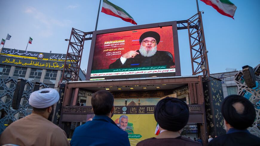 11/03/2023 Tehran, Iran. In a pro-government rally in the Islamic Republic of Iran, people gathered at Imam Hossein Square in Tehran on November 3, 2023, to watch Hezbollah Secretary General Hassan Nasrallah's speech regarding the Israel-Hamas conflict. Among the crowd, Lebanon's Hezbollah flags and Palestinian flags were proudly waved. During the speech in Beirut, Nasrallah addressed the Israeli army's attack on Gaza and issued a warning to Israel about a potential attack on Lebanon. (Photo by Hossein Beri