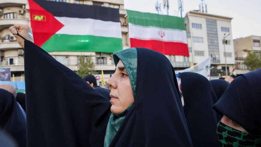 Iranians chant slogans during a protest in Tehran in support of Palestinians in Gaza on Nov. 18, 2023, amid the ongoing battles between Israel and the Palestinian militant group Hamas.