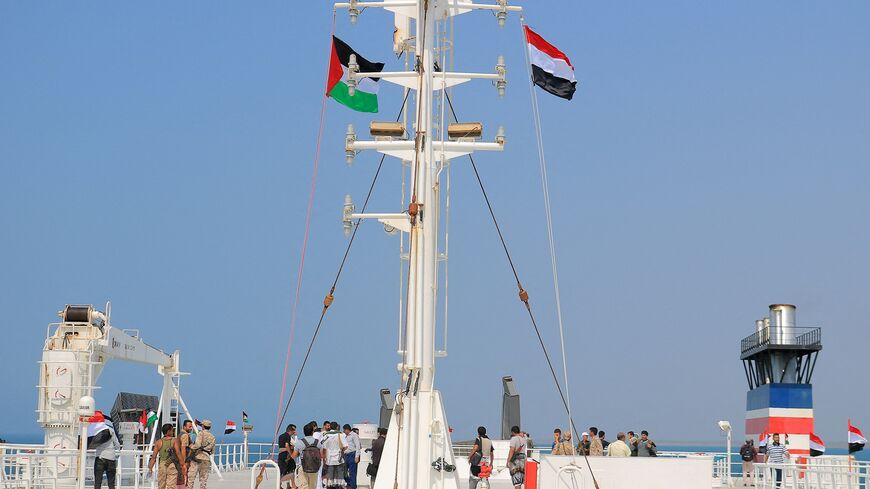 A picture taken during an organized tour by Yemen's Houthi rebels (onboard) on Nov. 22, 2023, shows the Galaxy Leader cargo ship, seized by Houthi fighters.