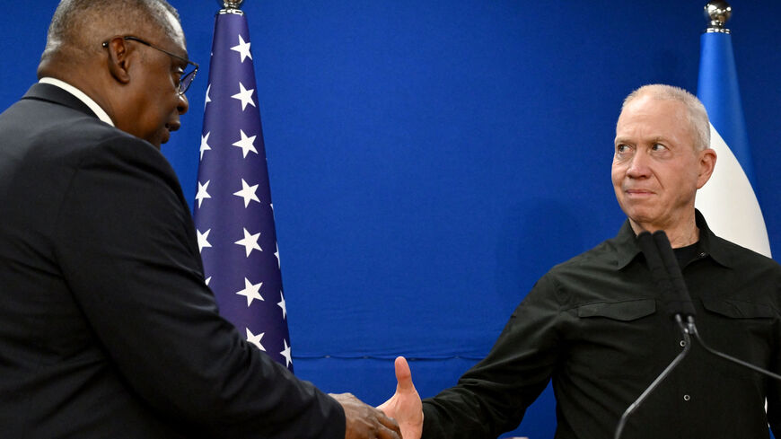 US Secretary of Defence Lloyd Austin (L) and Israel's Defence Minister Yoav Gallant give a joint press conference in Tel Aviv on December 18, 2023. (Photo by Alberto PIZZOLI / AFP) (Photo by ALBERTO PIZZOLI/AFP via Getty Images)