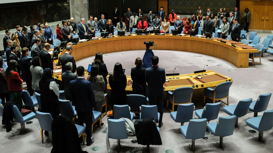 Ambassadors to the UN observer a minute of silence for Kuwait's emir Sheikh Nawaf al-Ahmad Al-Sabah prior a UN Security Council meeting at UN headquarters in New York on December 19, 2023. (Photo by Charly TRIBALLEAU / AFP) (Photo by CHARLY TRIBALLEAU/AFP via Getty Images)