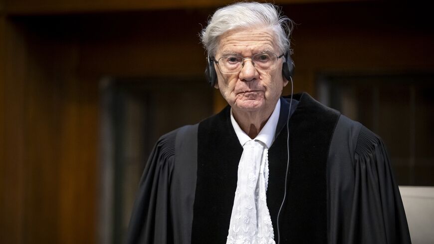 Aharon Barak, on the panel of the International Court of Justice, The Hague, Jan. 11, 2024.