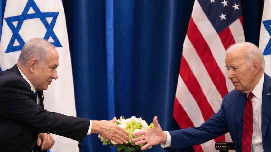 US President Joe Biden shakes hands with Israeli Prime Minister Benjamin Netanyahu as they meet on the sidelines of the 78th United Nations General Assembly in New York City on Sept. 20, 2023. 