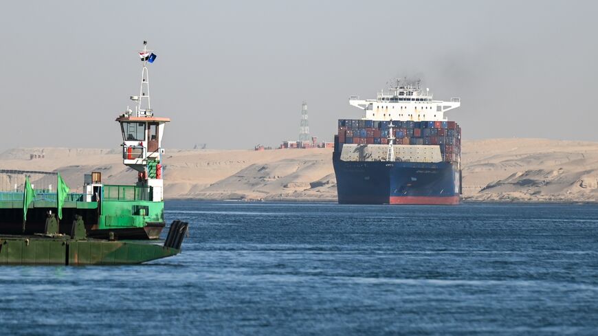 A ship transits the Suez Canal toward the Red Sea on Jan. 10, 2024, in Ismailia, Egypt.