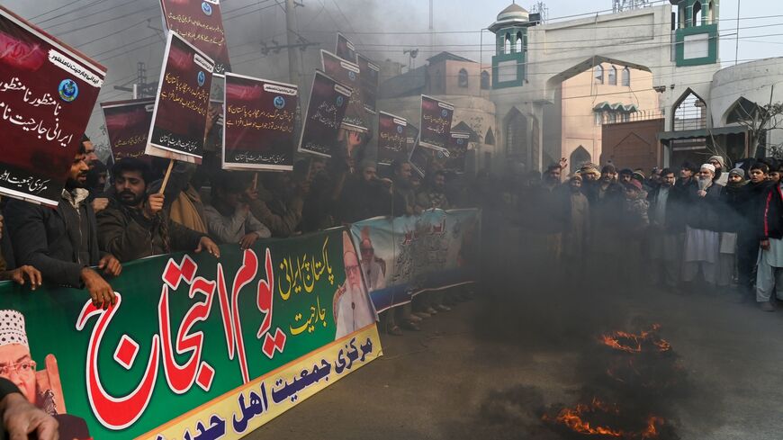 Pakistan activists protest in Lahore on Jan. 19, 2024, after Iran launched an airstrike in Pakistan's southwest Baluchistan province.