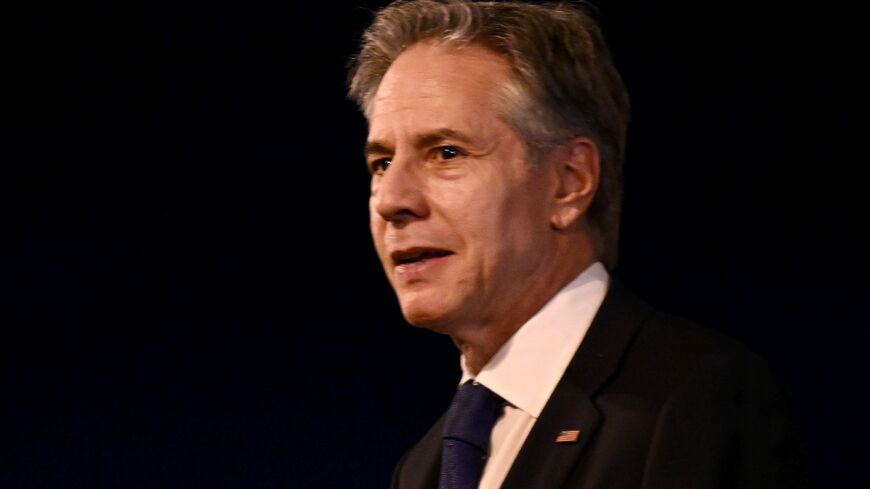 US Secretary of State Antony Blinken gestures on arrival at Brasilia Air Base on February 20, 2024, after landing for a three-day visit to the country