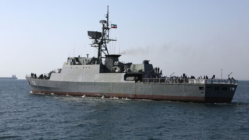 An Iranian Navy warship takes part in the "National Persian Gulf day" in the Strait of Hormuz on April 30, 2019.