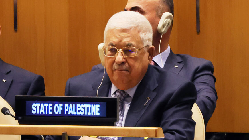 NEW YORK, NEW YORK - MAY 15: Palestinian President Mahmoud Abbas attends an observation of the 75th anniversary of the Nakba in the General Assembly Hall at the United Nations on May 15, 2023 in New York City. A day of observation of the 75th anniversary of the Nakba was held at the UN with performances by Palestinian singer Sanaa Moussa, Grammy Award-nominee cellist and composer Naseem Alatrash who was accompanied by the New York Arabic Orchestra and directed by Eugene Friesen. Nakba was the displacement o