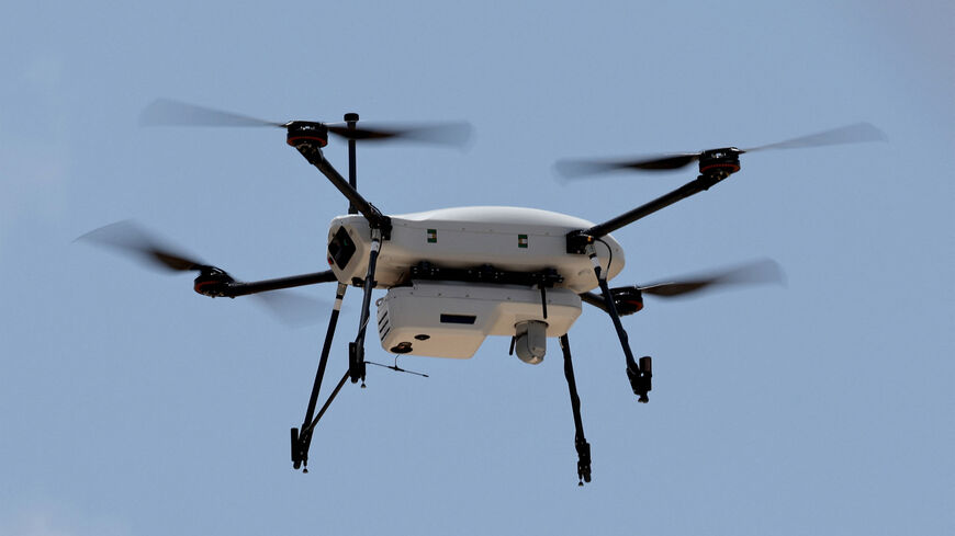 A THOR vertical takeoff and landing micro-unmanned aerial system, developed as military tactical mule platform and part of the "Legion-X" line of robotic and autonomous combat solutions produced by Elbit Systems, flies during a press demonstration at their headquarters in Ramat HaSharon, Israel, July 10, 2023.