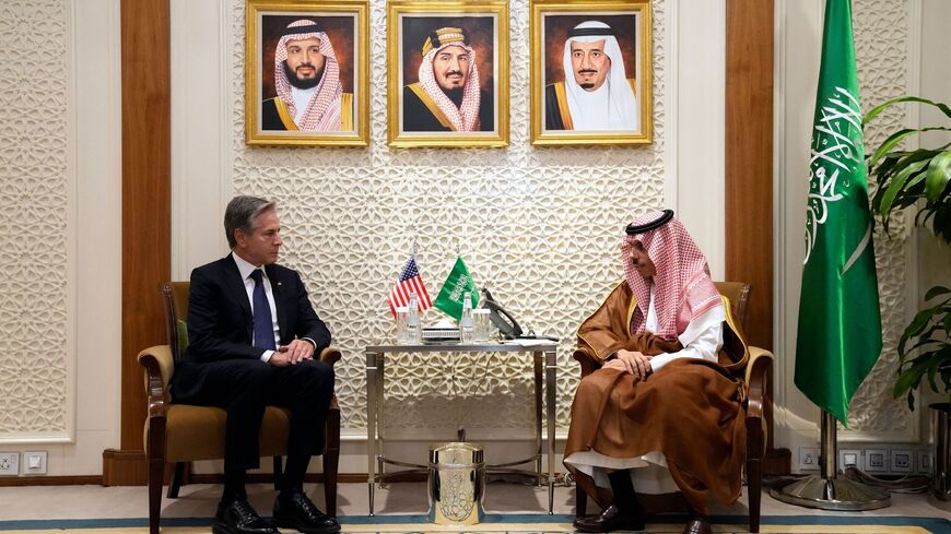 US Secretary of State Antony Blinken (L) meets with Saudi Foreign Minister Prince Faisal bin Farhan in Riyadh on October 14, 2023. Blinken on October 13, 2023, began a tour of six Arab capitals to build pressure on Hamas while Israel readies a massive offensive on the Gaza Strip following the militants' attacks.