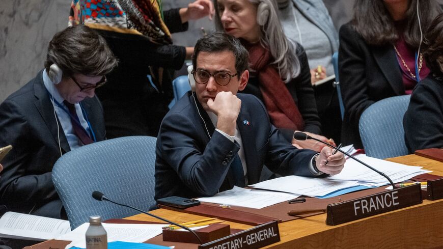 French Foreign Minister Stephane Sejourne chairs a United Nations Security Council (UNSC) meeting on the Middle East, including the situation in Gaza and Israel on Jan. 23, 2024, in New York City.