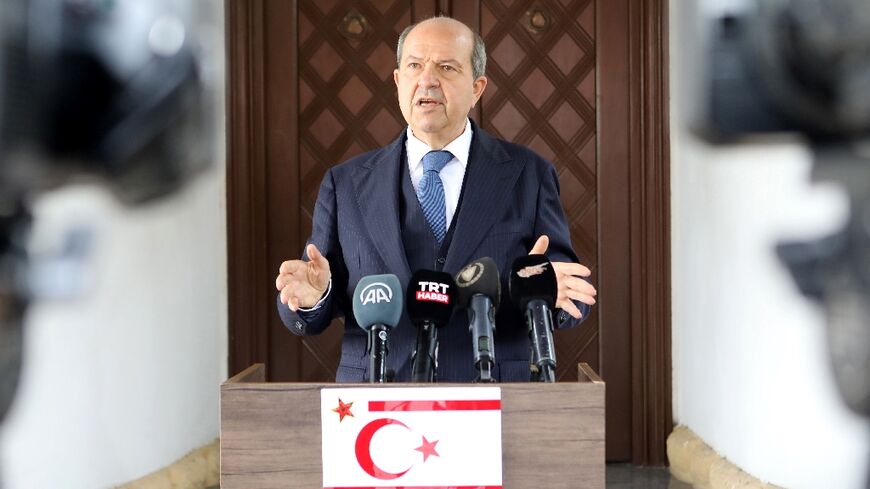 Ersin Tatar speaking to journalists in northern Nicosia in January