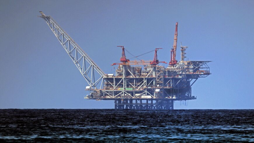 A view of the platform of the Leviathan natural gas field in the Mediterranean Sea is pictured from the Israeli northern coastal beach of Nasholim, on Aug. 29, 2022.
