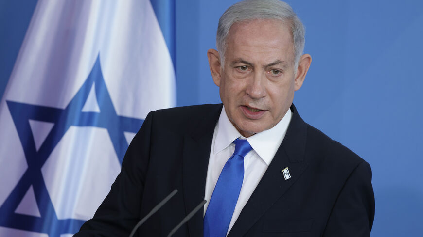 Israeli Prime Minister Benjamin Netanyahu and German Chancellor Olaf Scholz (not pictured) speak to the media following talks at the Chancellery on March 16, 2023 in Berlin, Germany. 