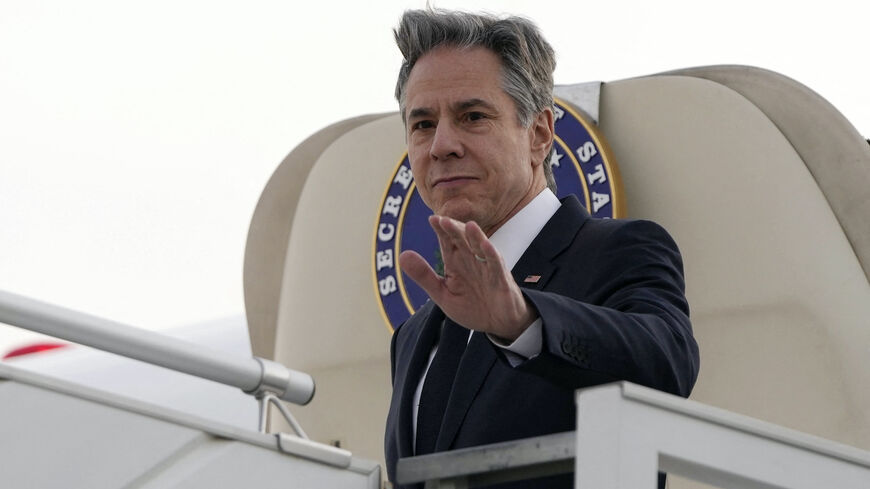 US Secretary of State Antony Blinken disembarks from the plane upon his arrival at King Khalid International Airport in the Saudi capital Riyadh on Feb. 5, 2024.  