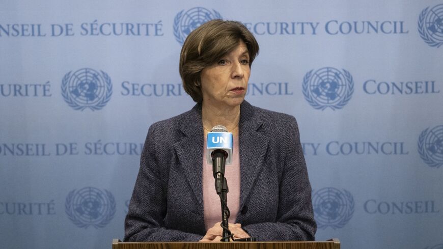 Catherine Colonna, chair of the Independent Review Group on the United Nations Relief and Works Agency (UNRWA), speaks to the press at UN headquarters on Feb. 22, 2024, in New York.