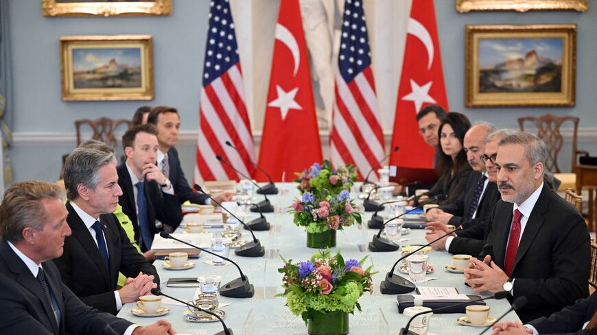 US Secretary of State Antony Blinken takes part in a meeting with Turkey's foreign minister, Hakan Fidan, in Washington, DC, on March 8, 2024.
