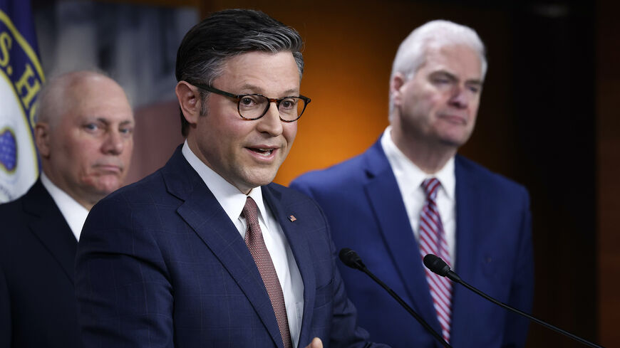 Speaker of the House Mike Johnson (R-LA) (C) speaks during a news conference with Majority Leader Steve Scalise (R-LA) (L) and Majority Whip Tom Emmer (R-MN) following a closed-door caucus meeting at the U.S. Capitol Visitors Center on March 20, 2024 in Washington, DC.