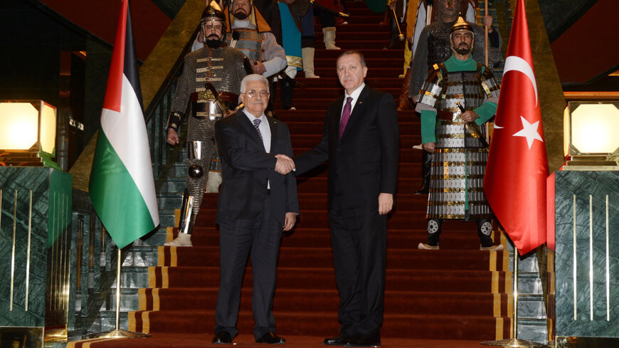In this handout photo provided by the Palestinian Press Office (PPO), Palestinian President Mahmoud Abbas (L) meets with Turkish President Recep Tayyip Erdogan on January 12, 2015 in Ankara, Turkey (Photo by Thaer Ghanaim/PPO via Getty Images)