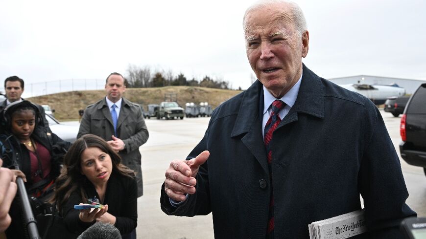 US President Joe Biden speaks to reporters before boarding Air Force One at Hagerstown Regional Airport in Hagerstown, Maryland, on March 5, 2024.  Biden is returning to Washington, DC, after spending the weekend at the Camp David presidential retreat.